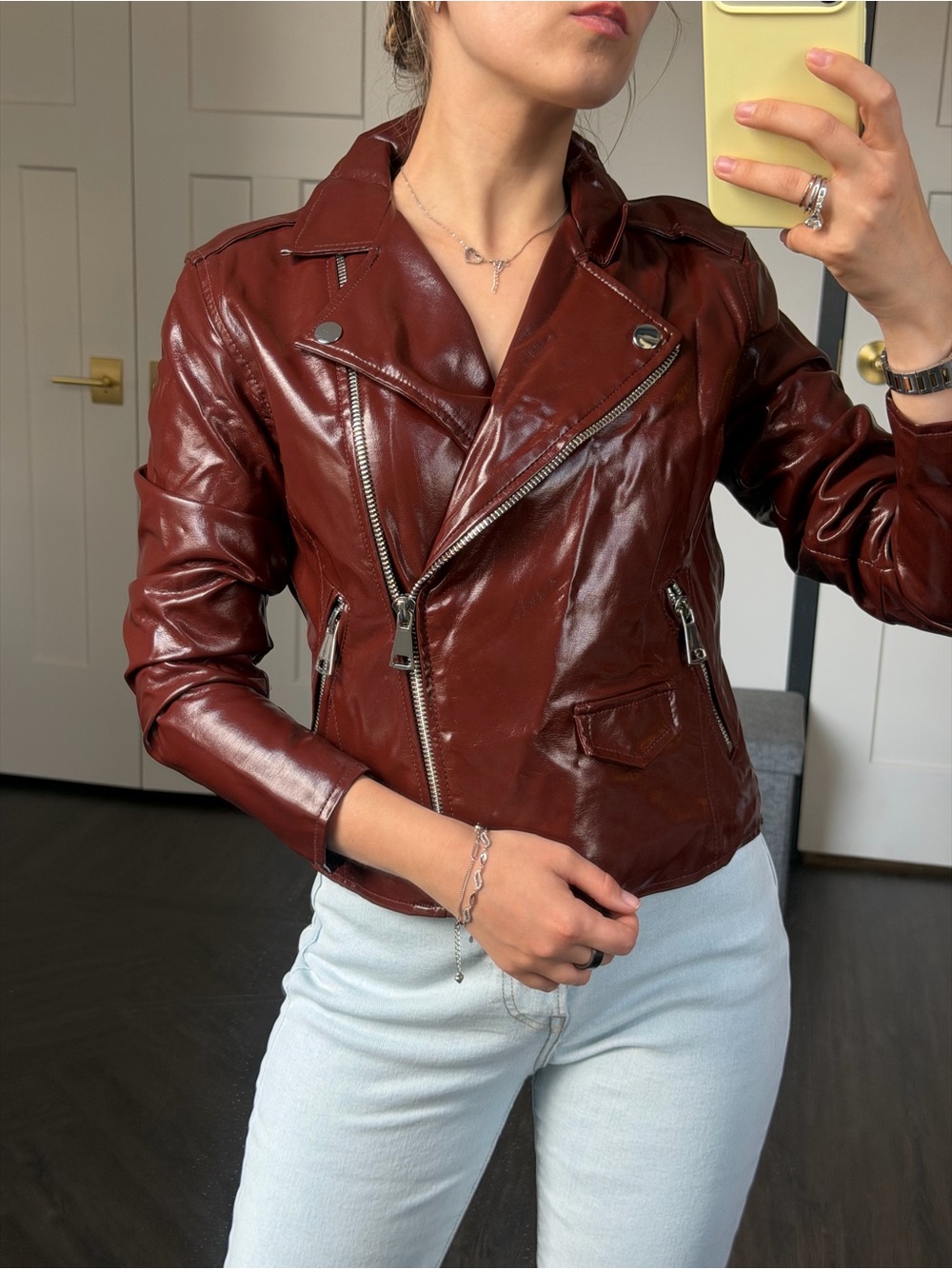 Nine West Women's Burgundy Faux Leather Moto Jacket